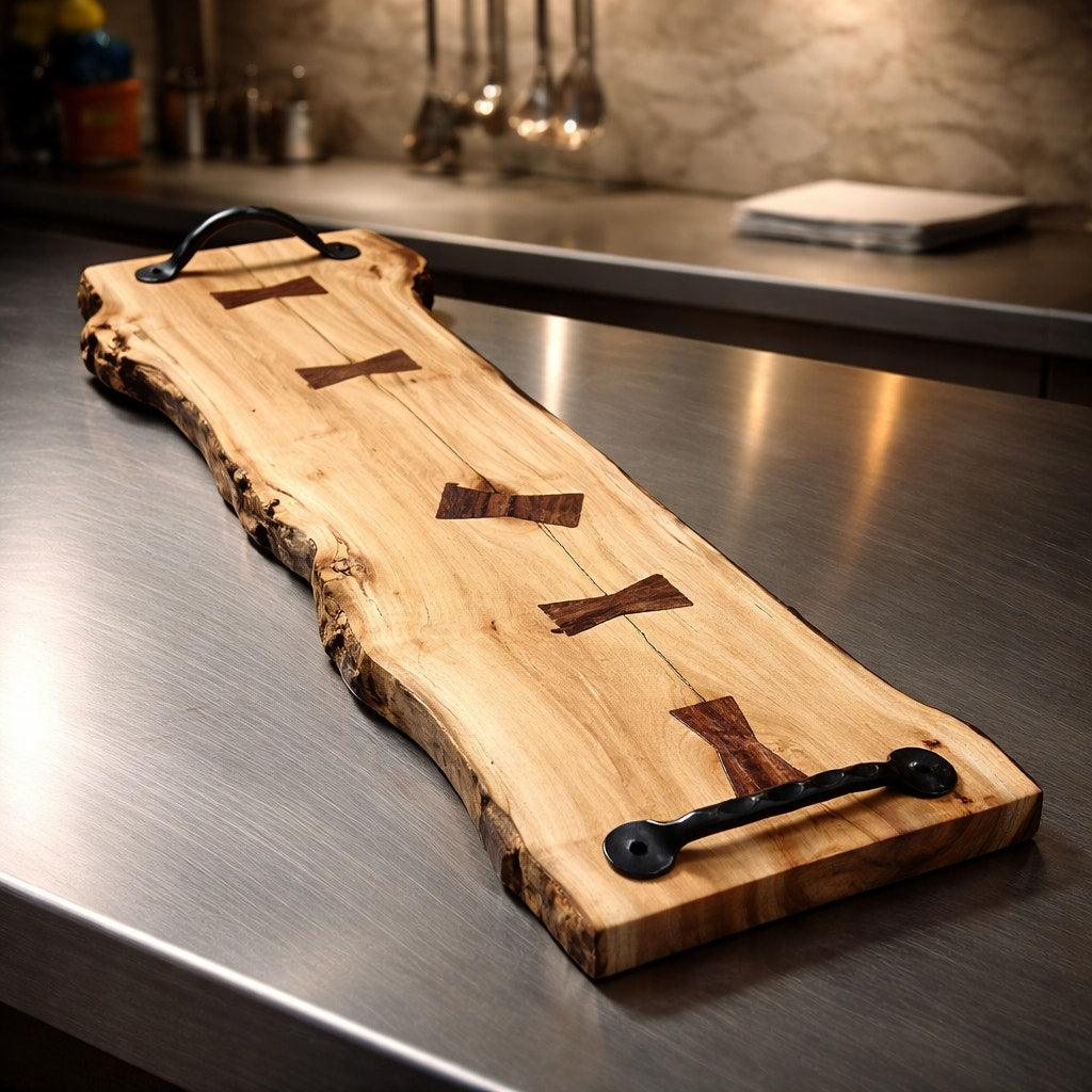 Live Edge Red Box Elder Charcuterie Board, walnut bow tie inlays, black wrought iron handles, 27.5 x 9 x .75, handmade, food safe