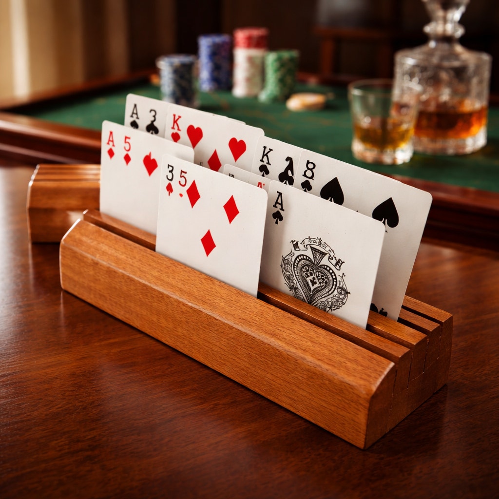 Handcrafted Wooden Playing Card Holder rack, 4-7 slot organizer, tabletop game accessory, bridge and poker aid