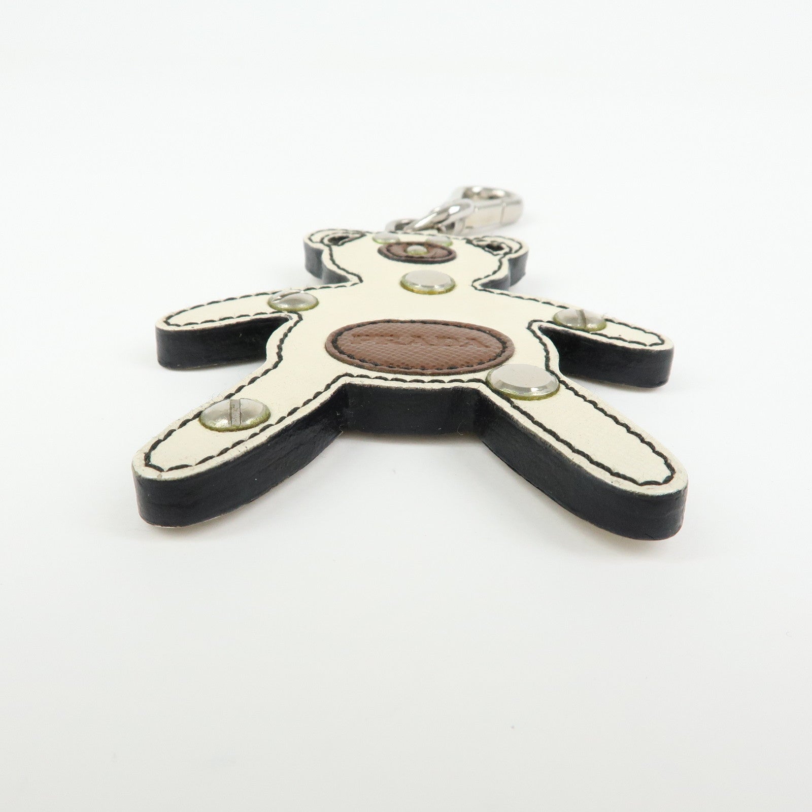 6541 Prada Saffiano Leather Bear Bag Charm Key Holder Ivory Brown