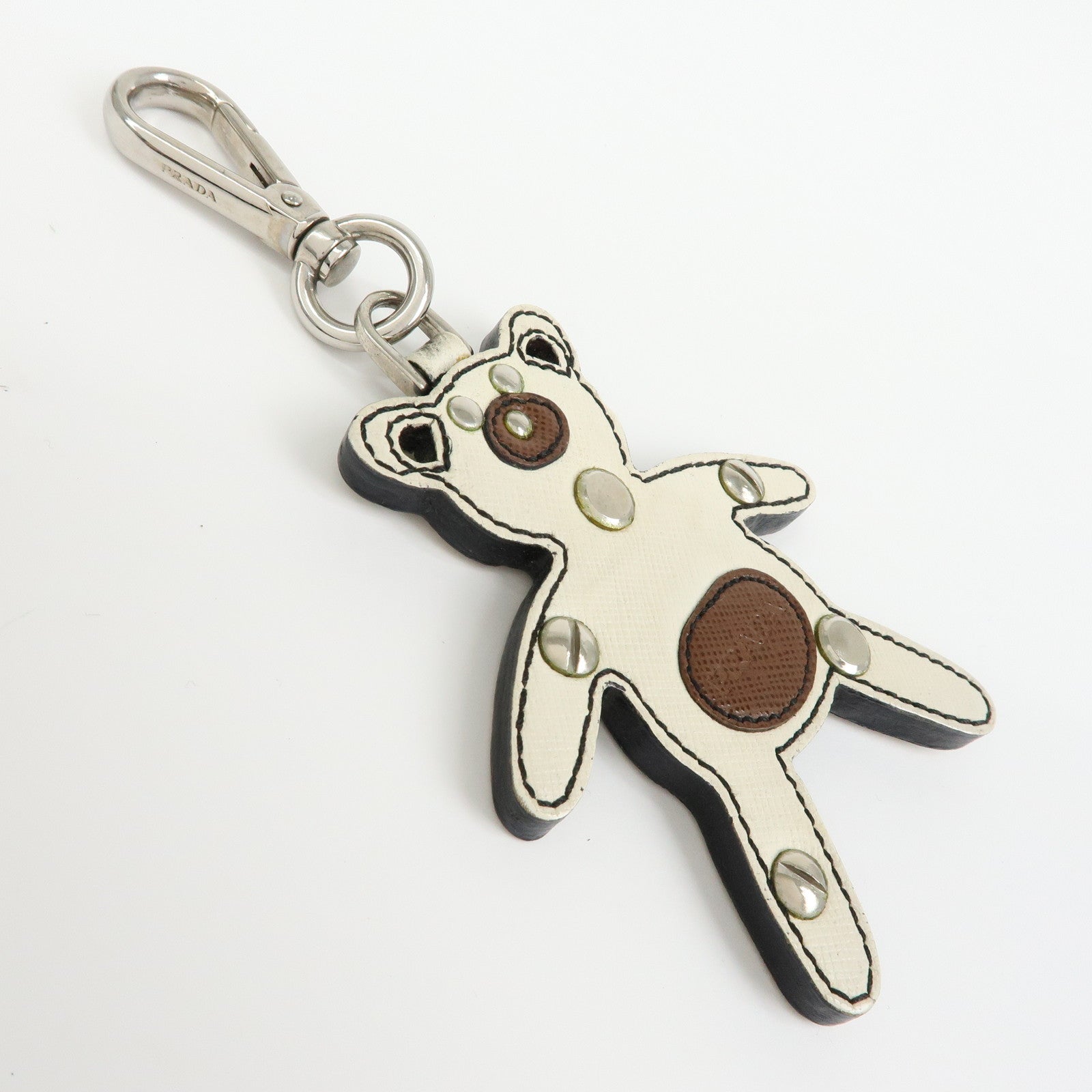 6541 Prada Saffiano Leather Bear Bag Charm Key Holder Ivory Brown