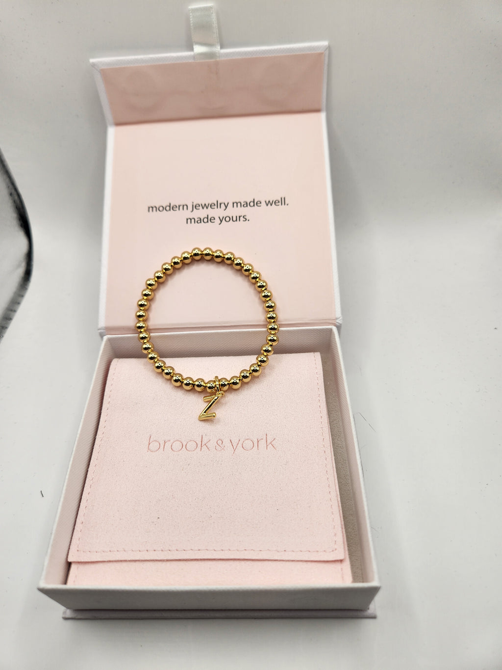 Brook & York Gold Beaded Initial Bracelet Removable Letter Charm Stretch NWT