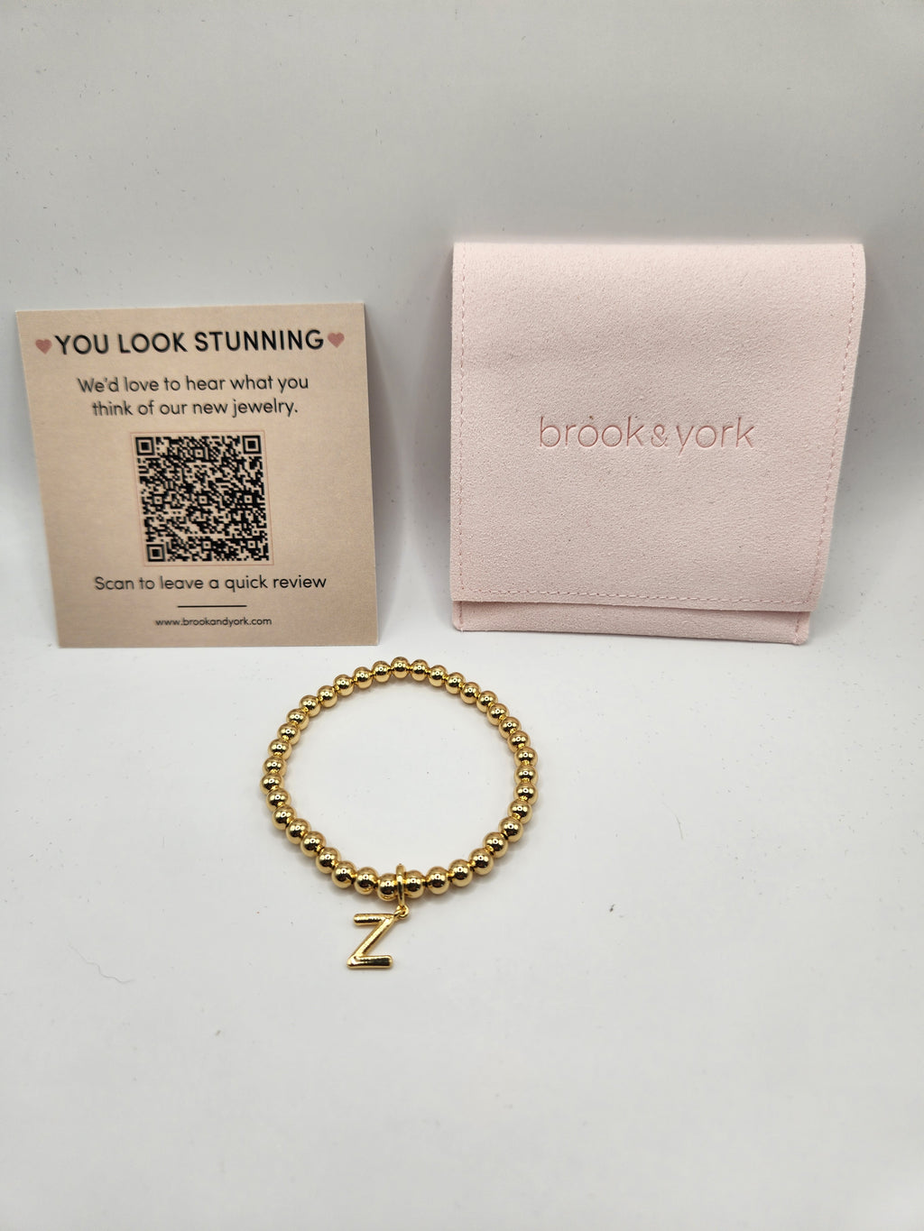 Brook & York Gold Beaded Initial Bracelet Removable Letter Charm Stretch NWT