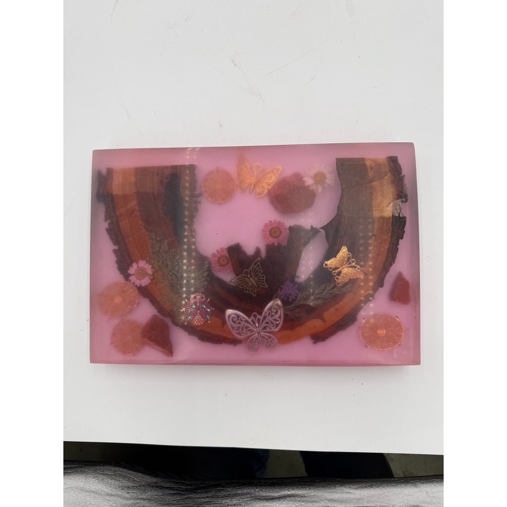 Butterfly Garden Resin Charcuterie Board 12x8, red epoxy art serving tray, embedded wood and florals, ladybug accents, handmade home decor