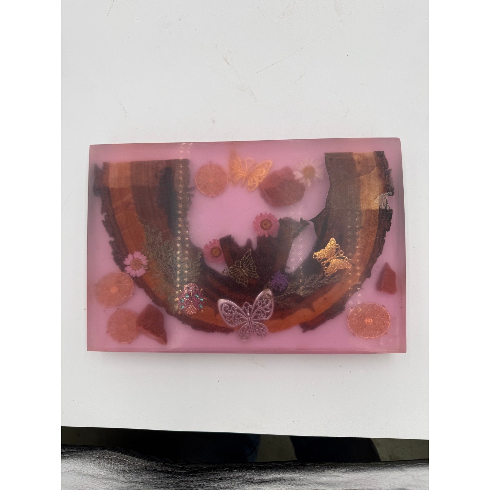 Butterfly Garden Resin Charcuterie Board 12x8, red epoxy art serving tray, embedded wood and florals, ladybug accents, handmade home decor