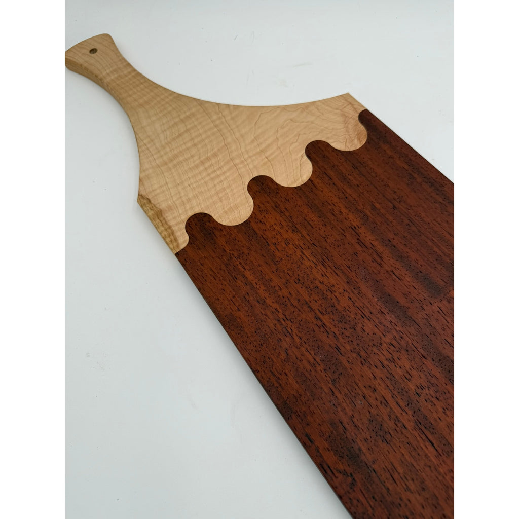 Large Padauk and Curly Maple Charcuterie Board, 34.75 x 9 x 0.75 in, handmade, food safe finish, serving tray, decorative yet functional