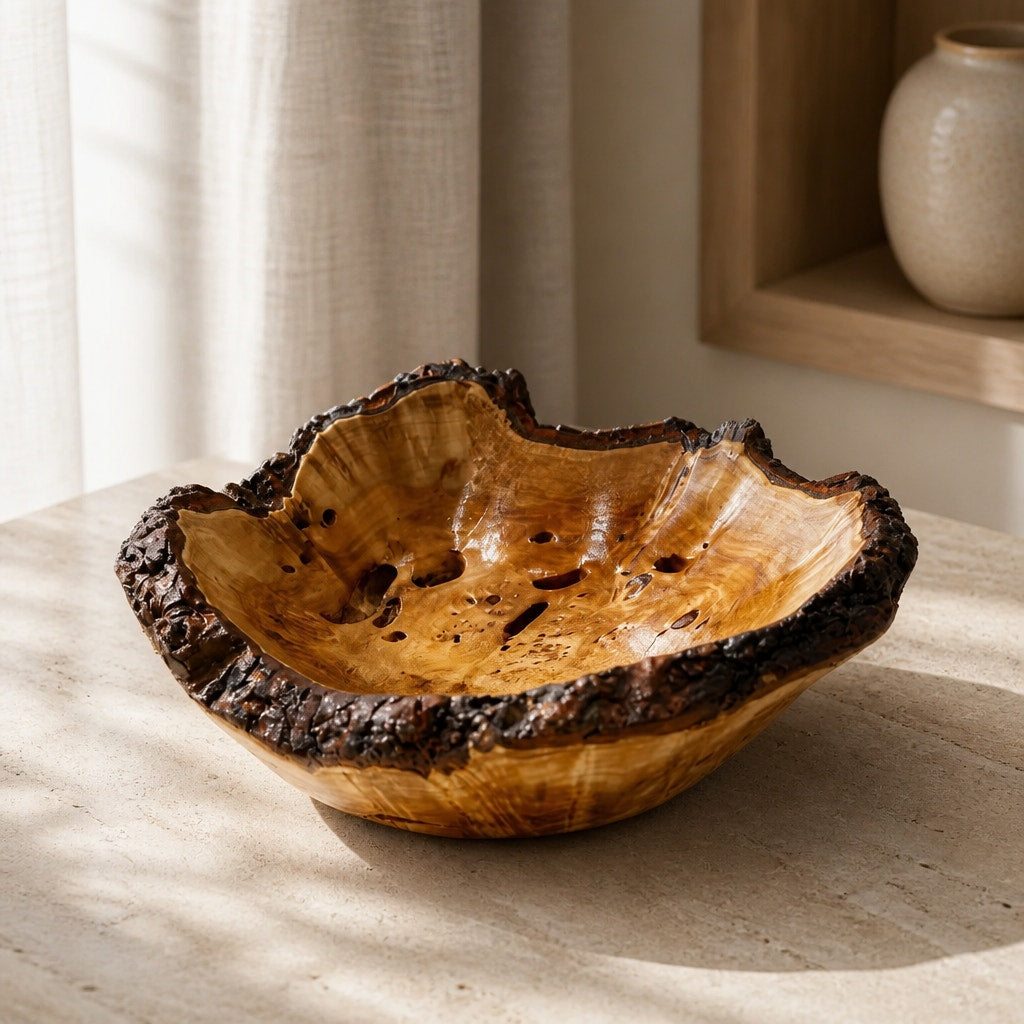 Live Edge Willow Burl Hand Turned Bowl, decorative centerpiece, 7" x 3" size, natural bark rim, handcrafted wood art
