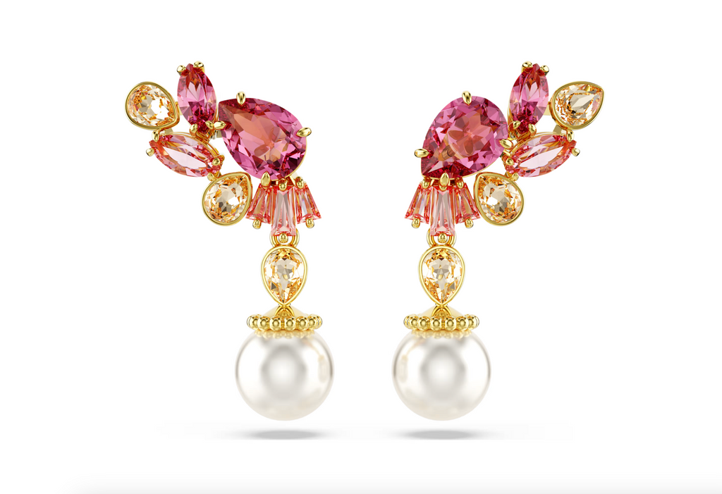 Swarovski Gema Cherry Blossom Drop Earrings - NIB - Pink Crystal Floral Pearl Gold