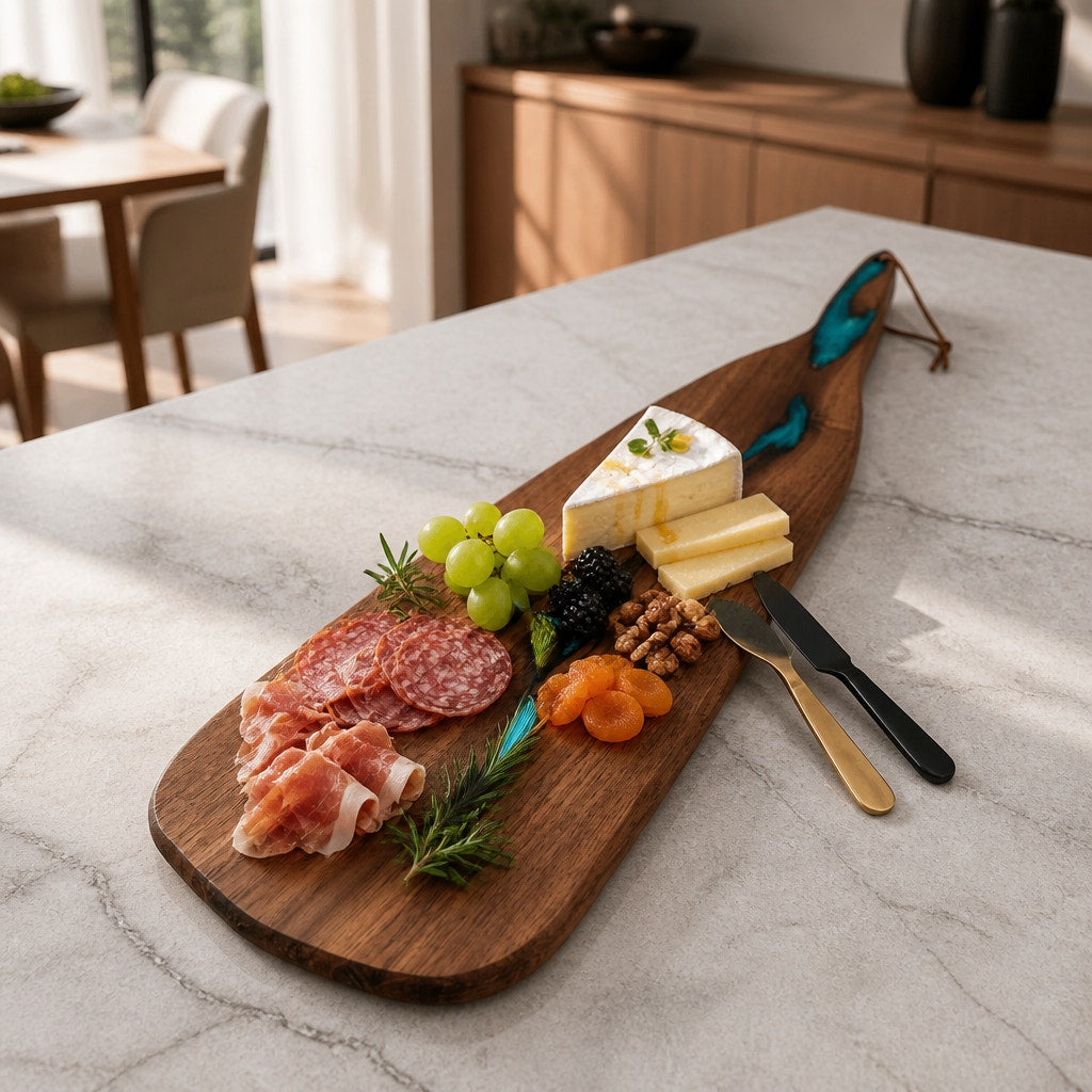 Walnut Charcuterie Board with Turquoise Inlay, 23 x 5.5 x 0.875 inches, food safe finish, handmade serving board, resin accent cheese tray