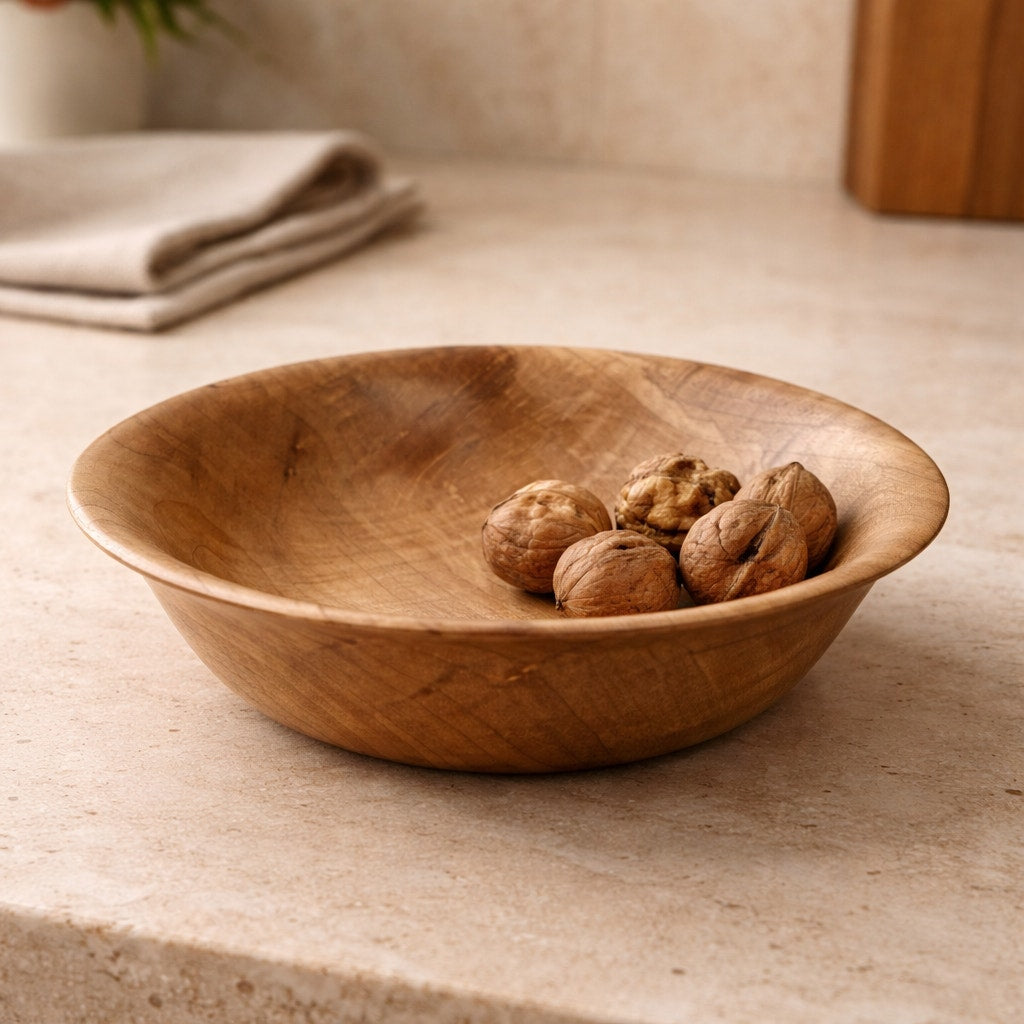 Hand Turned Maple Wood Bowl 7.5 x 2 inches, spalted and figured hardwood, food safe finish, decorative or functional, unique grain