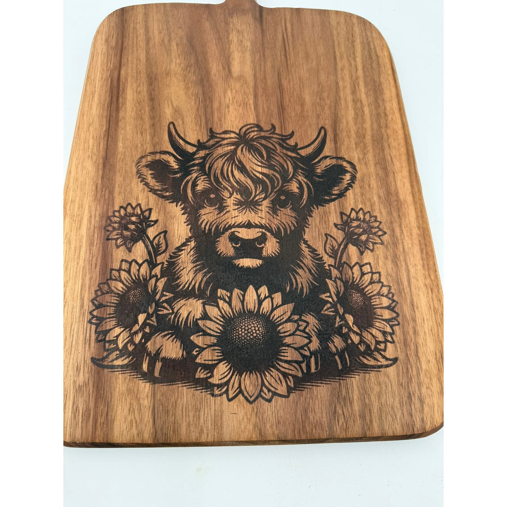 Walnut Charcuterie Board, Wood Burned Cow and Daisies, Handmade Serving Board, Unique Cheese Platter, High Quality