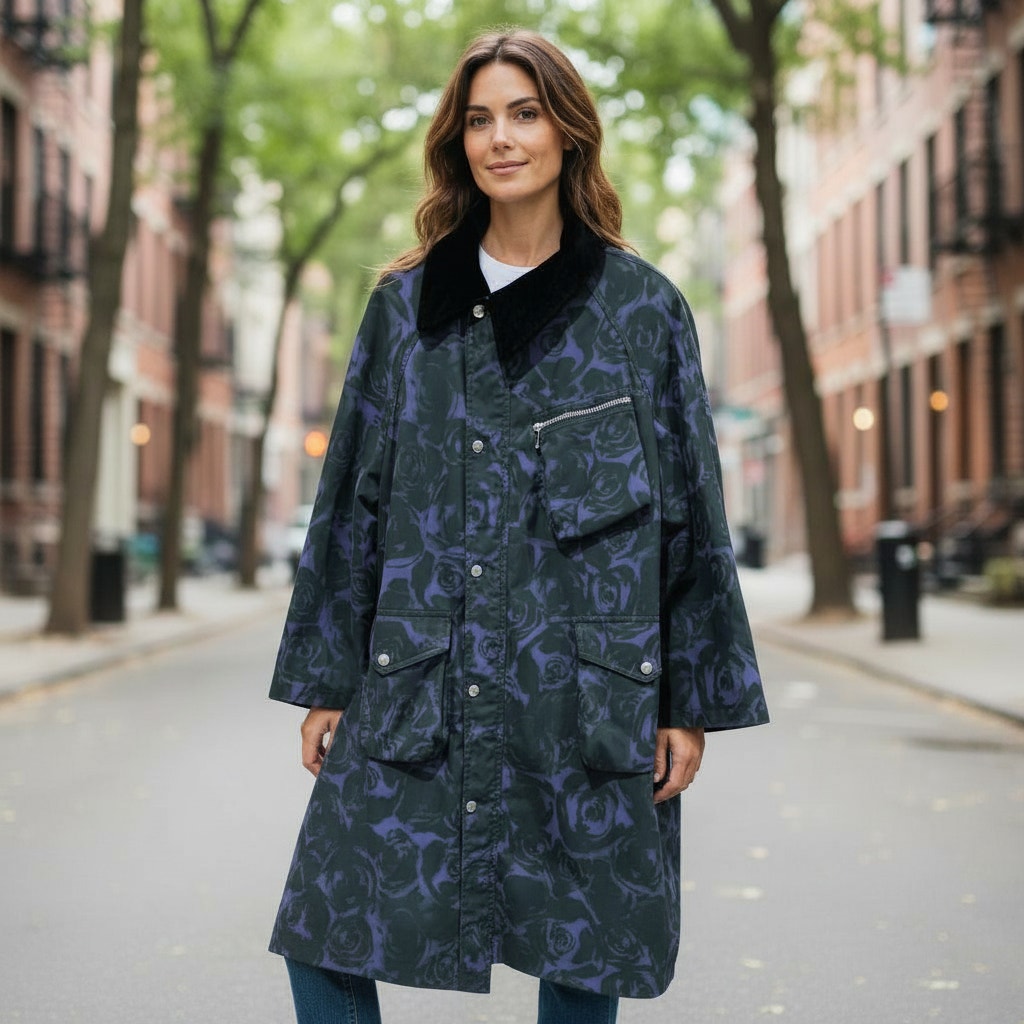 Burberry Rose Print Waxed Cotton Car Coat Oversized Size 4