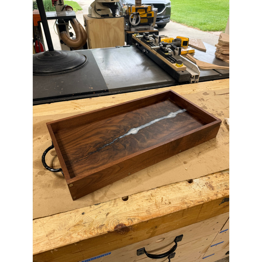 Walnut Burl Serving Tray with Pearl Epoxy accents, 22x11.75x3 size, wrought iron handles, food safe finish