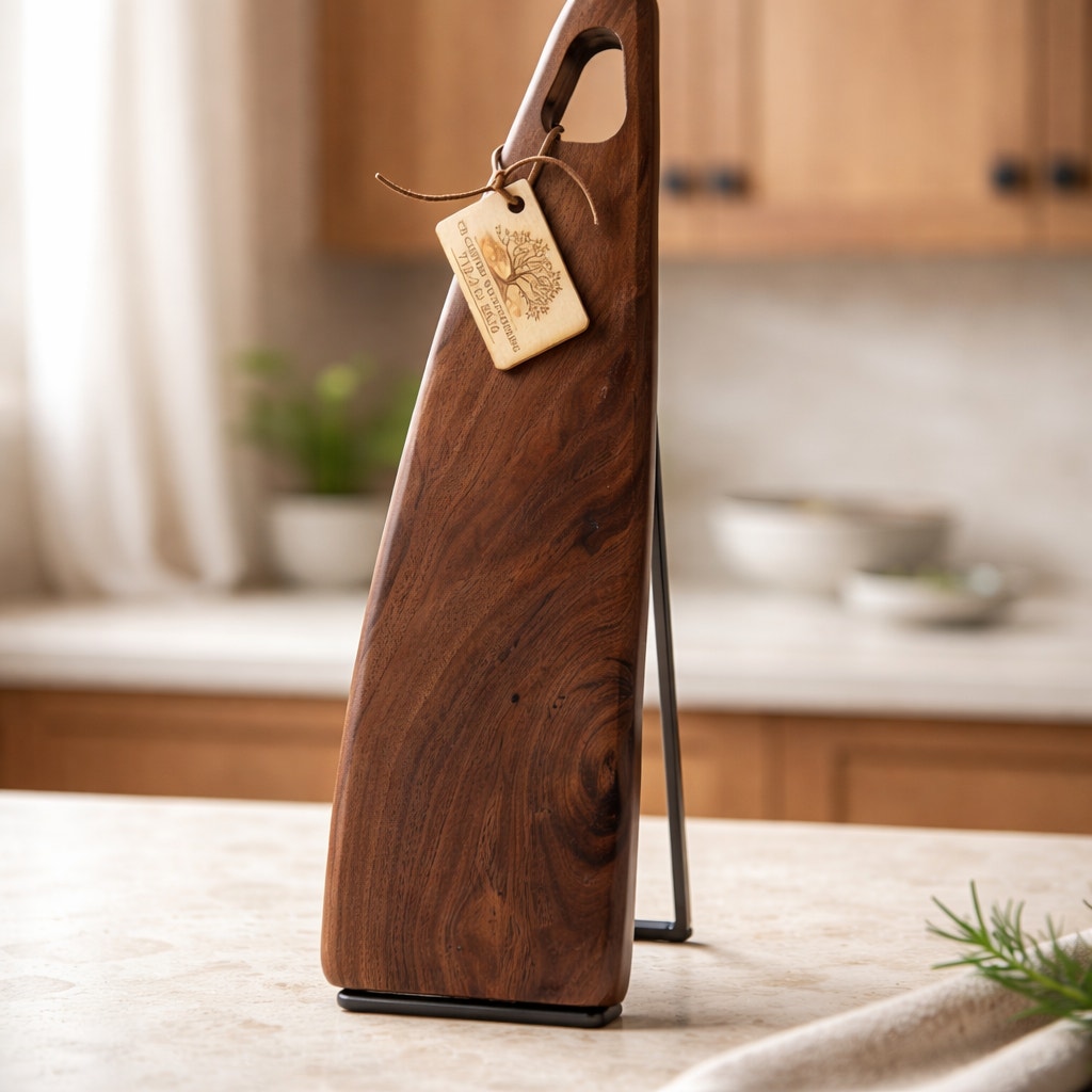 Handcrafted Walnut Charcuterie Serving Board, 19.25 x 5.25 x 1 inches, freeform silhouette with handle, food safe finish, functional and art
