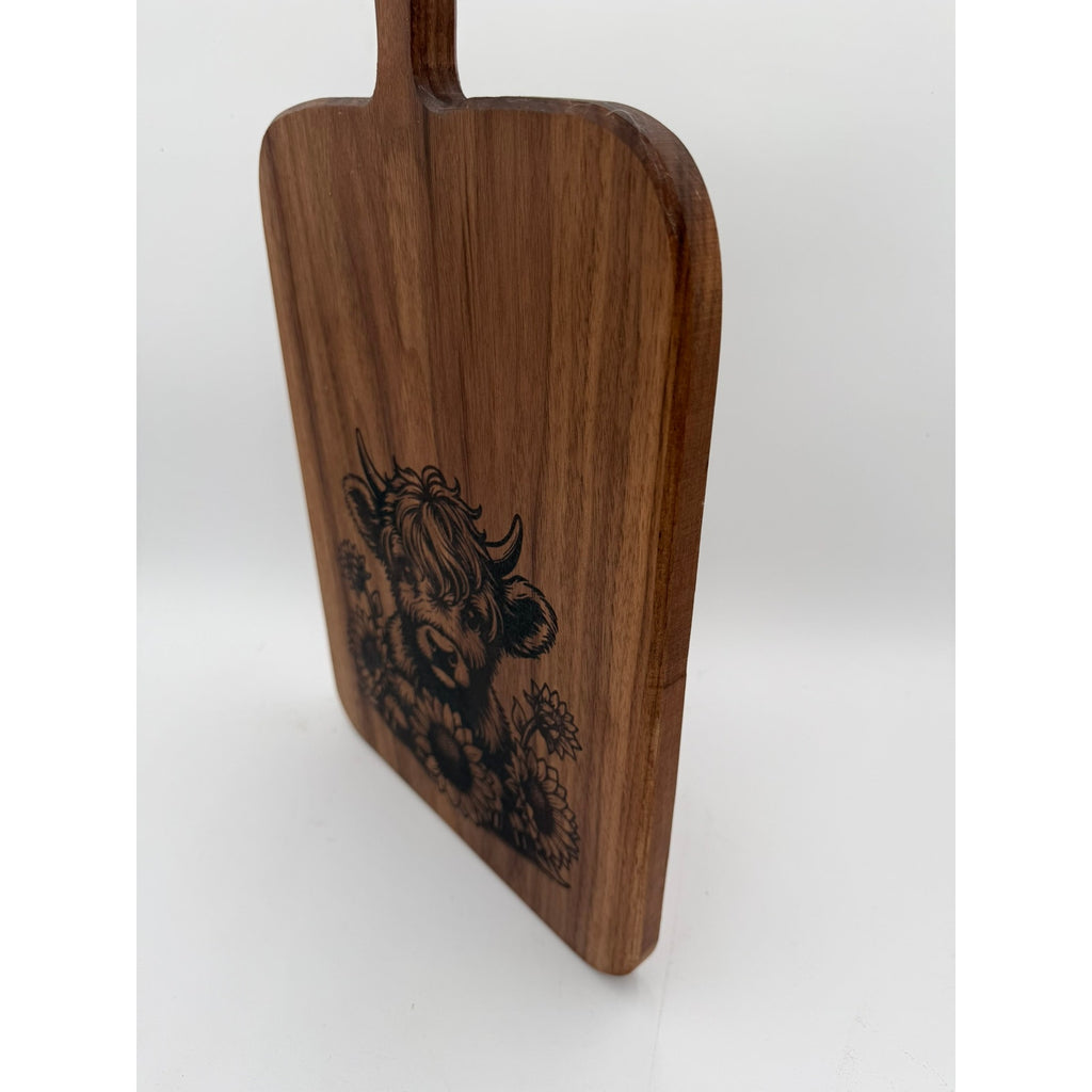 Walnut Charcuterie Board, Wood Burned Cow and Daisies, Handmade Serving Board, Unique Cheese Platter, High Quality