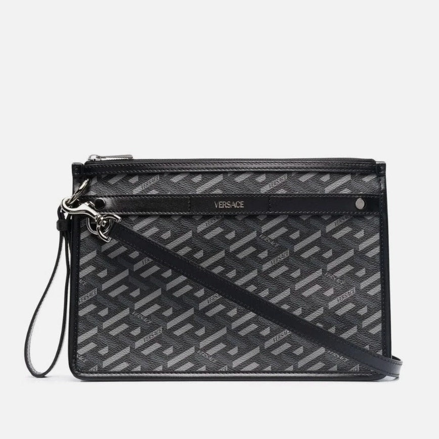 Versace La Greca Leather Messenger Bag Black Grey - New