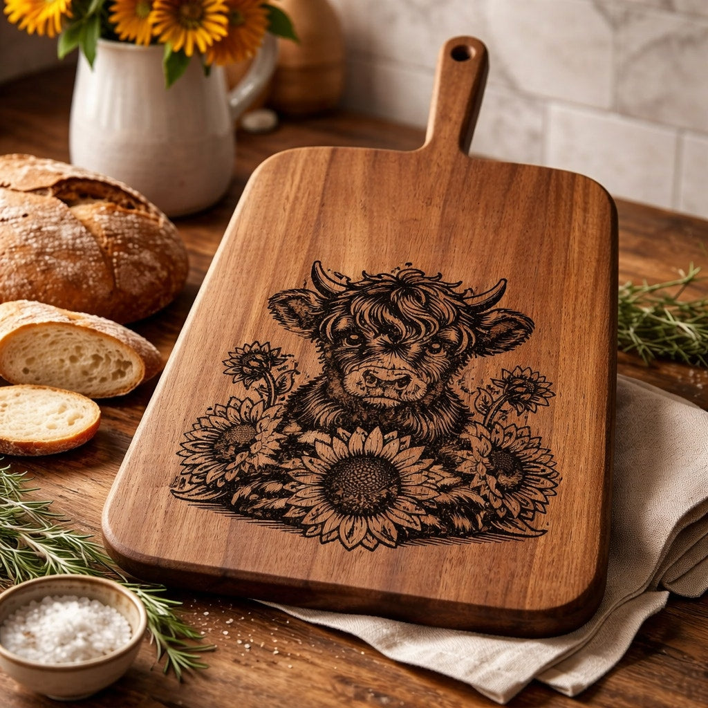 Walnut Charcuterie Board, Wood Burned Cow and Daisies, Handmade Serving Board, Unique Cheese Platter, High Quality