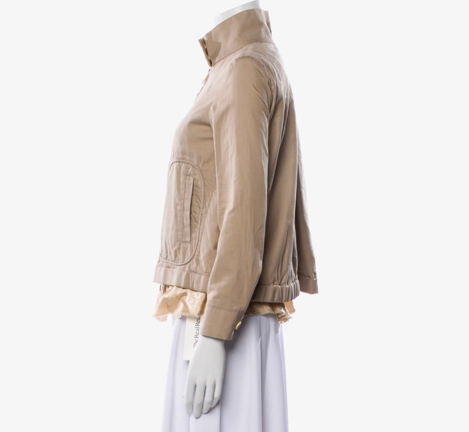 6489 - Sacai Canvas Biker Jacket With Silk Ruffle Trim Khaki - Designer Size 2