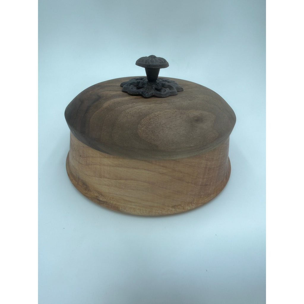 Figured Maple Turned Bowl with Lid, Walnut Top, Wrought Iron Handle, SKU 1464