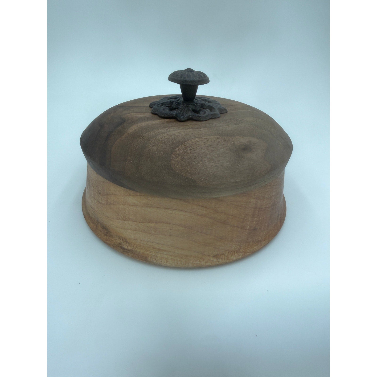 Figured Maple Turned Bowl with Lid, Walnut Top, Wrought Iron Handle, SKU 1464