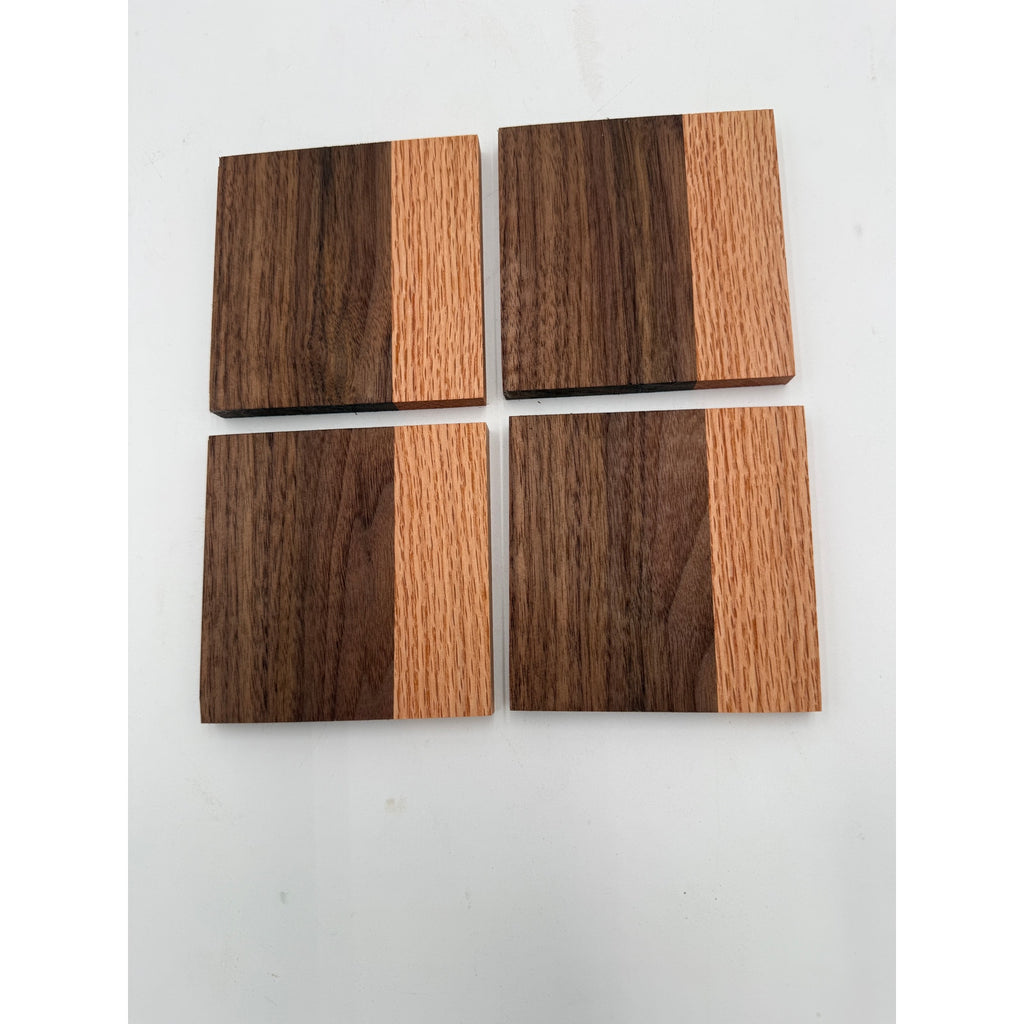 Handcrafted Hardwood Coaster Set of Four, dual-wood design, optional stand, choice of patterns and woods, 4x4 or 4.25x4.25
