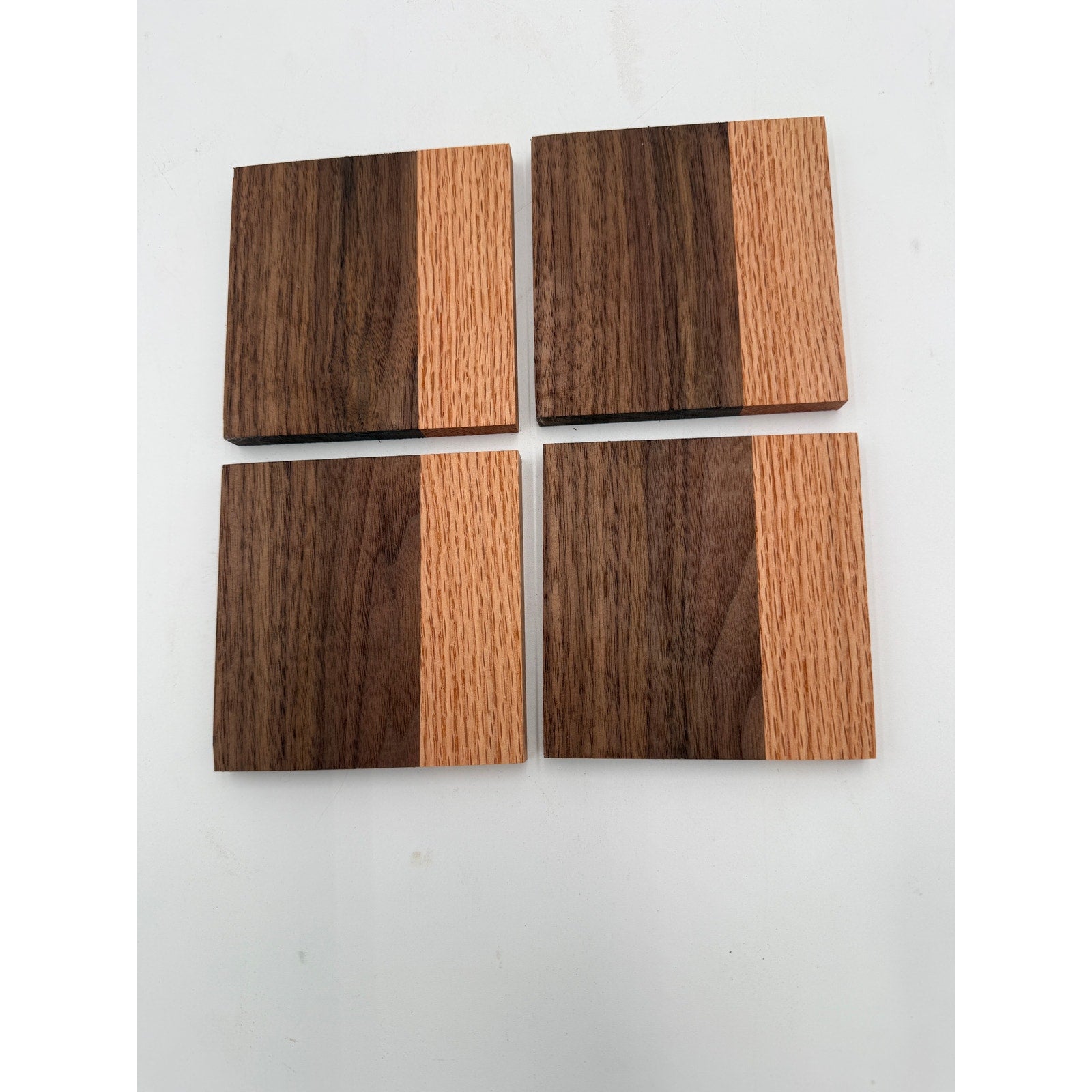 Handcrafted Hardwood Coaster Set of Four, dual-wood design, optional stand, choice of patterns and woods, 4x4 or 4.25x4.25