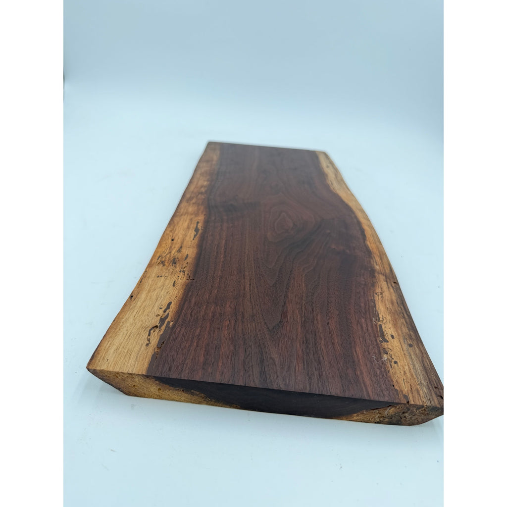 Live Edge Walnut Charcuterie Board Platter, rich dark coloring, intricate grain pattern, handcrafted, 18x8x1.1 in