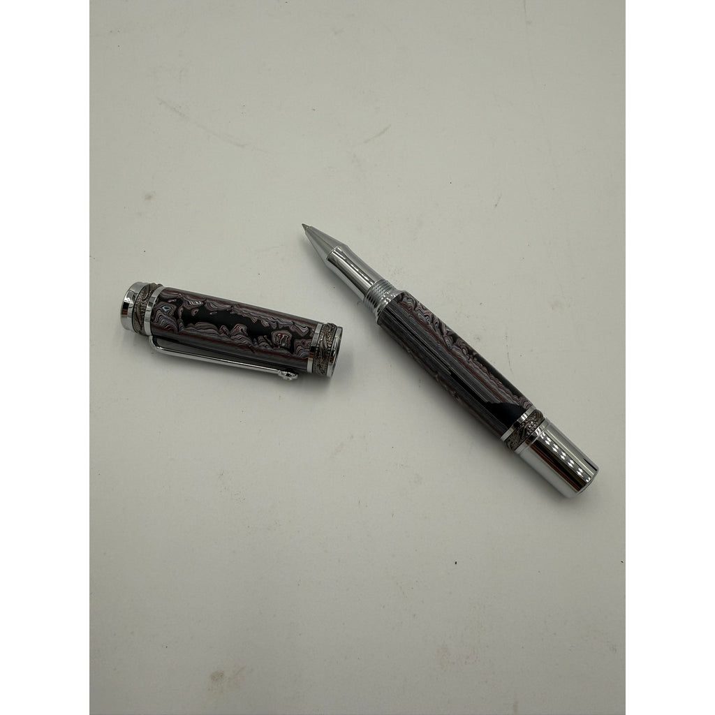 One of a Kind Fordite Barrel Rollerball Pen, handmade artisan pen, silver details, refillable ink, professional writing tool
