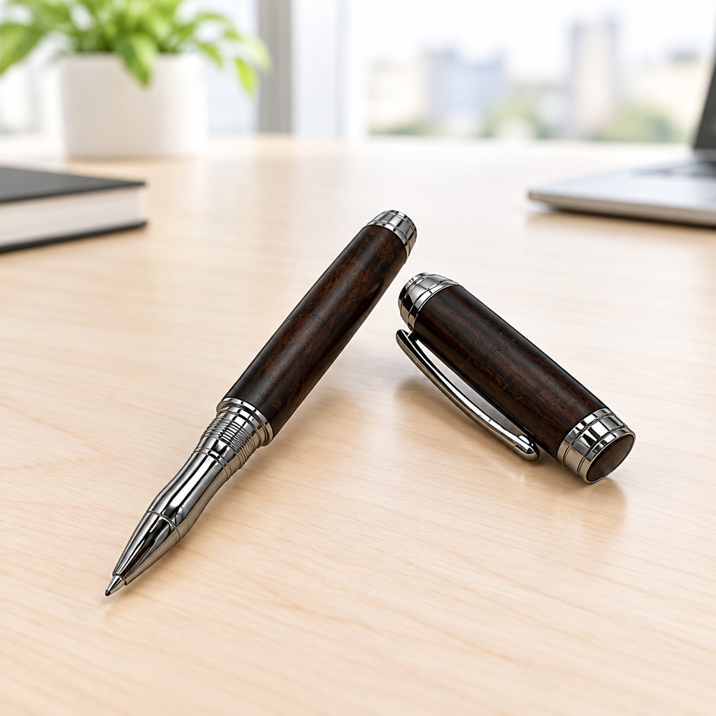 Mistrel Rollerball Pen in Walnut Burl, Black Titanium, Hand Turned, SKU 1566