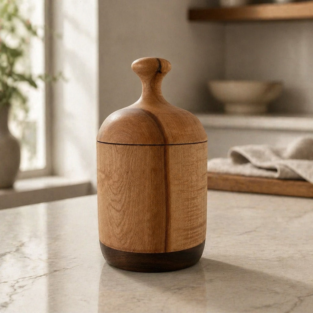 Hand Turned Figured Maple Lidded Box with Walnut Base, 4.25 x 7.5, tea bag storage, key holder, catchall, kitchen canister