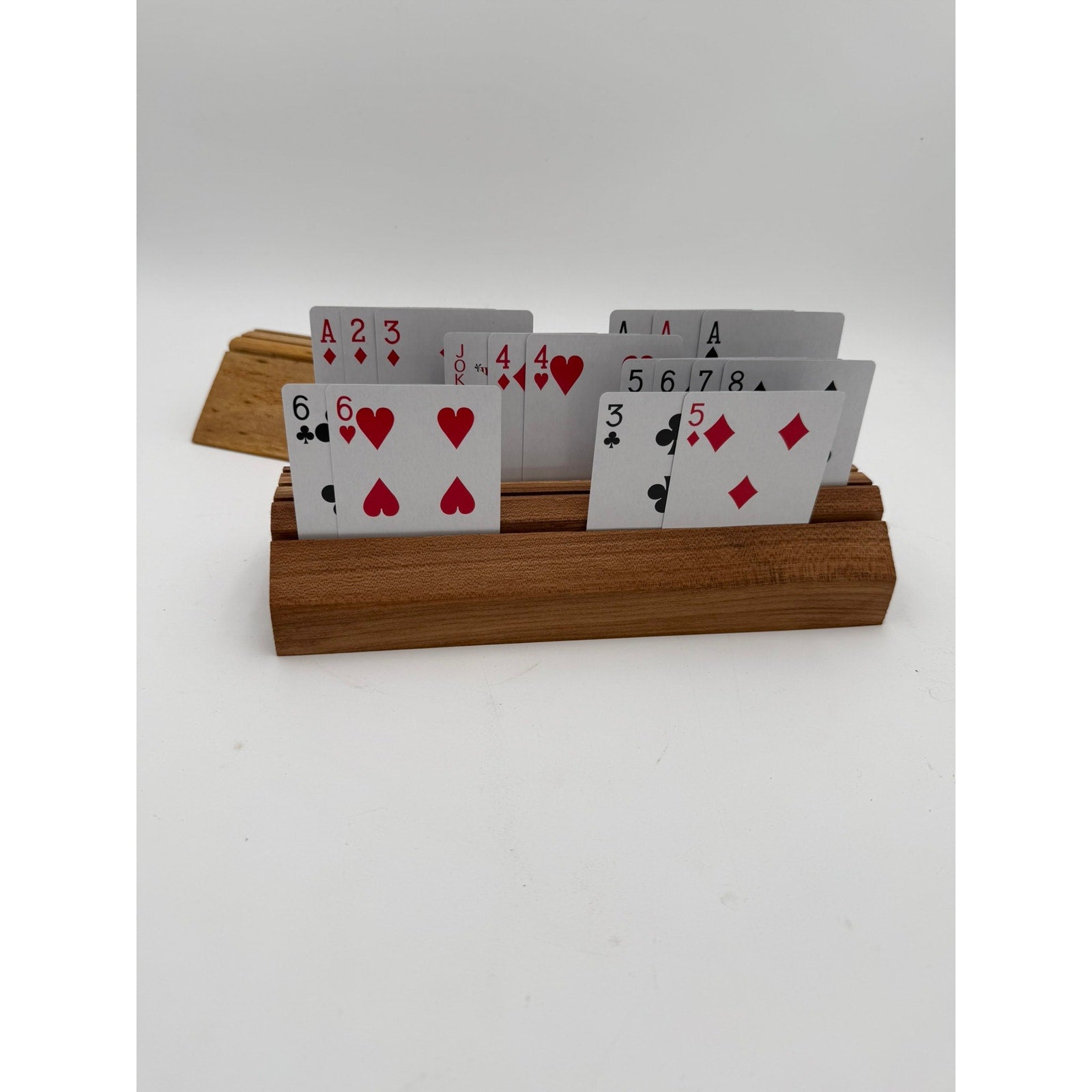 Handcrafted Wooden Playing Card Holder rack, 4-7 slot organizer, tabletop game accessory, bridge and poker aid
