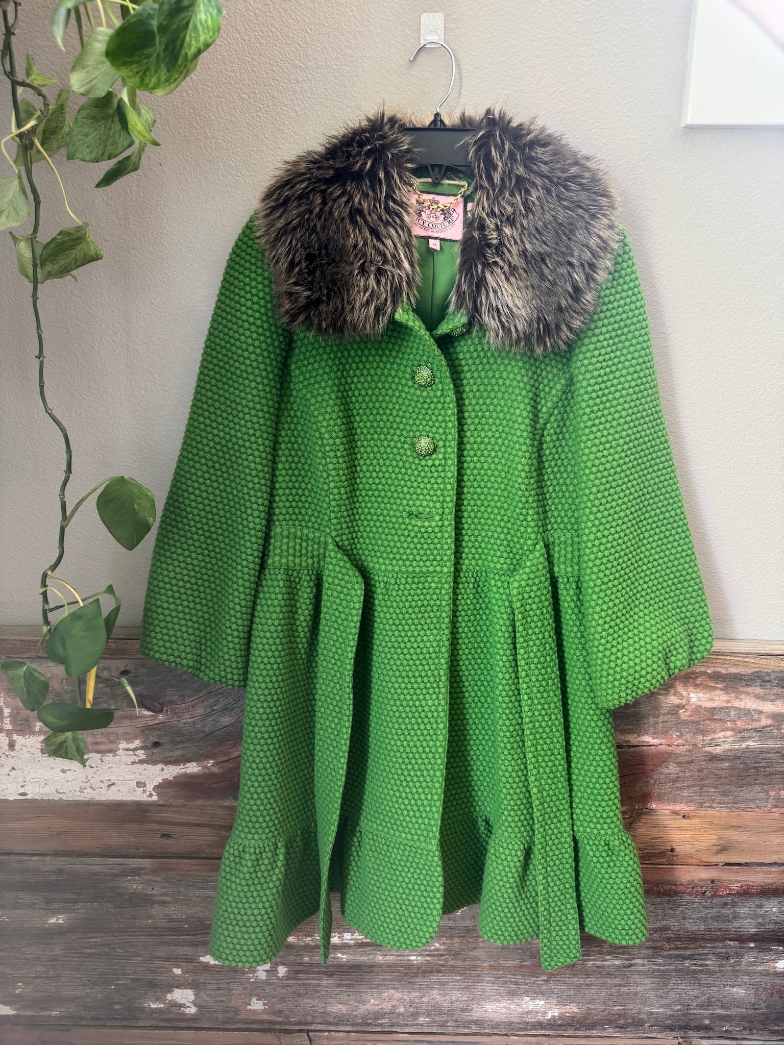 Juicy Couture Green Boucle Fur Collar Jacket - Y2K - Size M