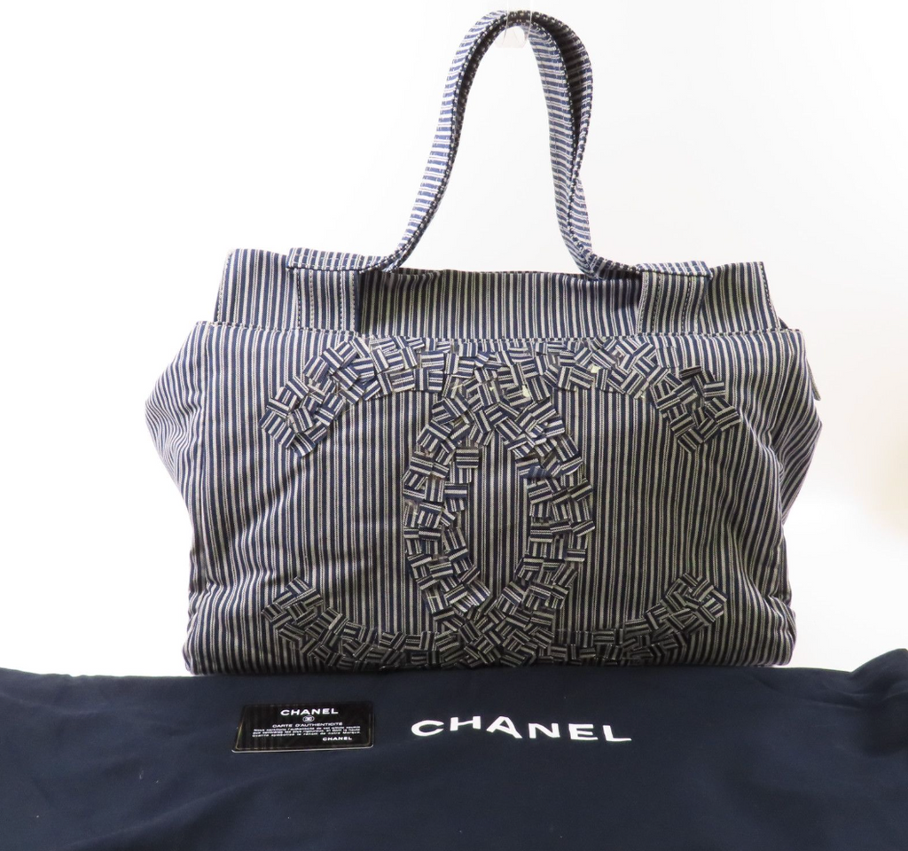 5396 - Chanel Canvas CC Striped Tote Bag Ginpaku Hand Stitched