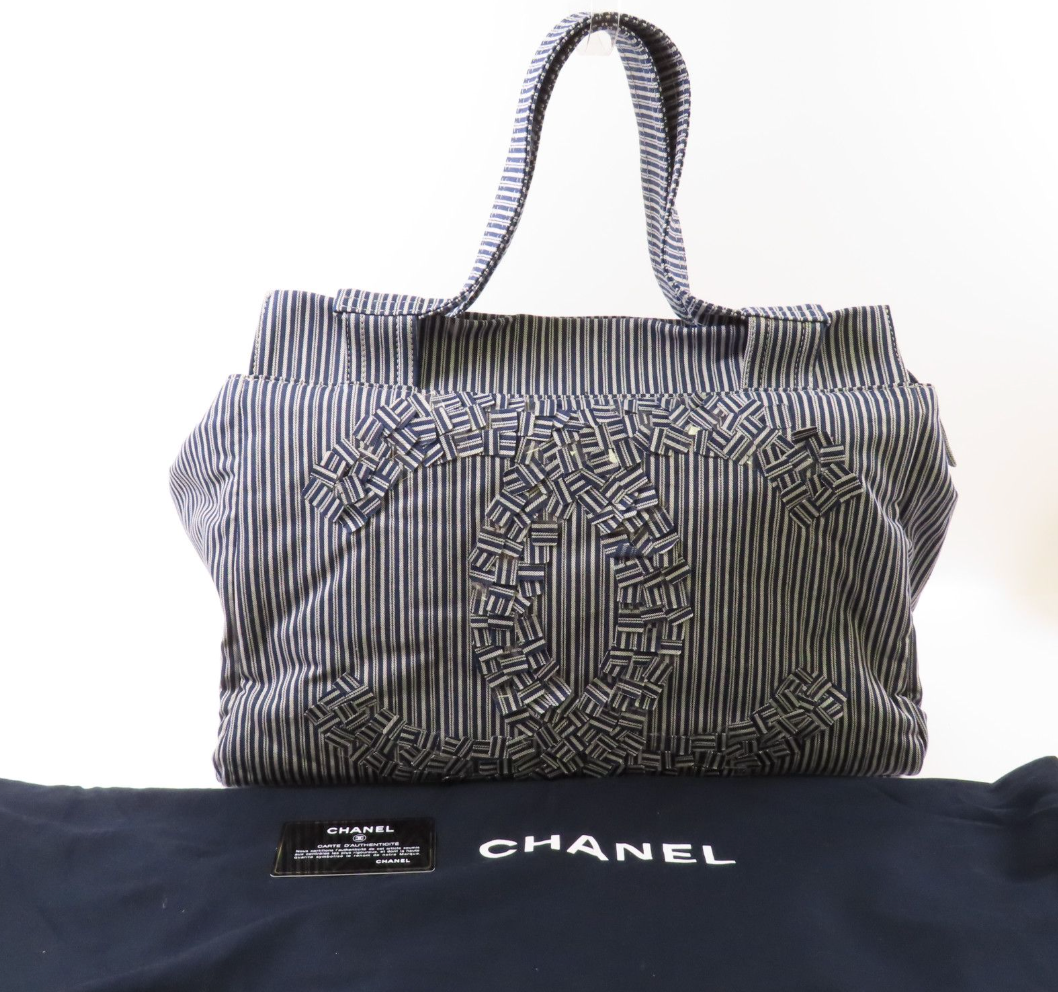 5396 - Chanel Canvas CC Striped Tote Bag Ginpaku Hand Stitched