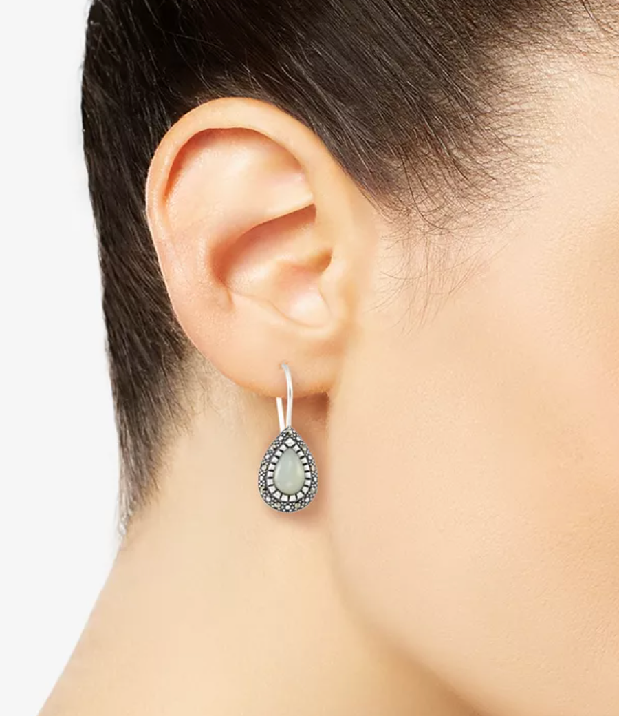Macys Jade & Marcasite Teardrop Earrings in Sterling Silver - NWT