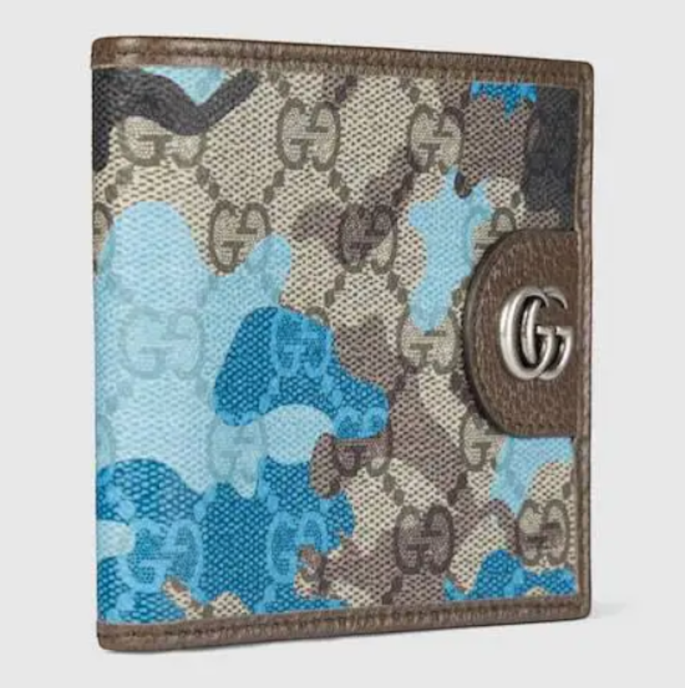 CURATED by Kira Gucci GG bifold wallet in blue camouflage coated canvas with brown leather trim and Double G logo.