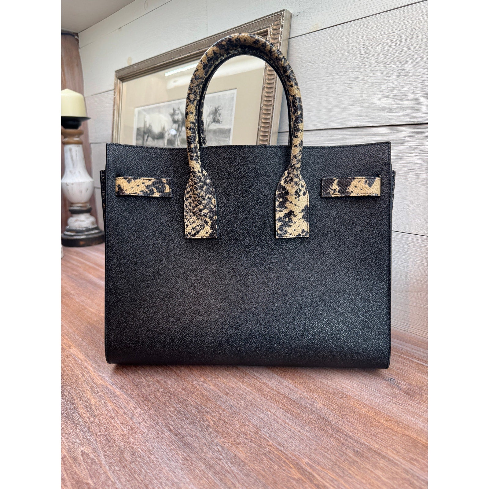 Saint Laurent Black & Snakeskin Sac de Jour Tote Bag - Excellent Condition