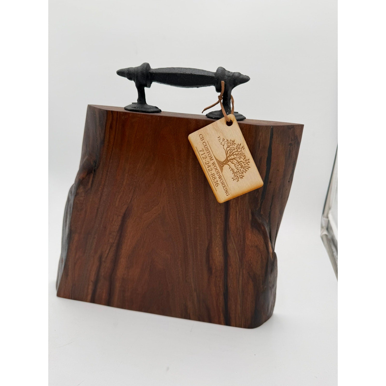 Heirloom Walnut Charcuterie Board with Handle, live edge serving tray, wrought iron handle, 13.75 x 14 x 1.75, thick substantial, functional