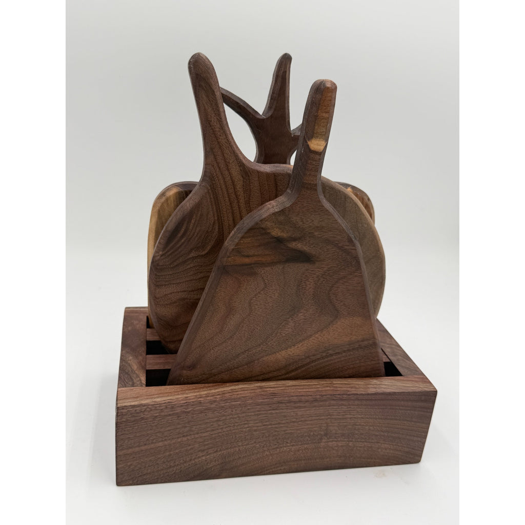 Walnut Charcuterie Board Set with Holder, Handcrafted, Three 8x11 Boards, SKU 1560