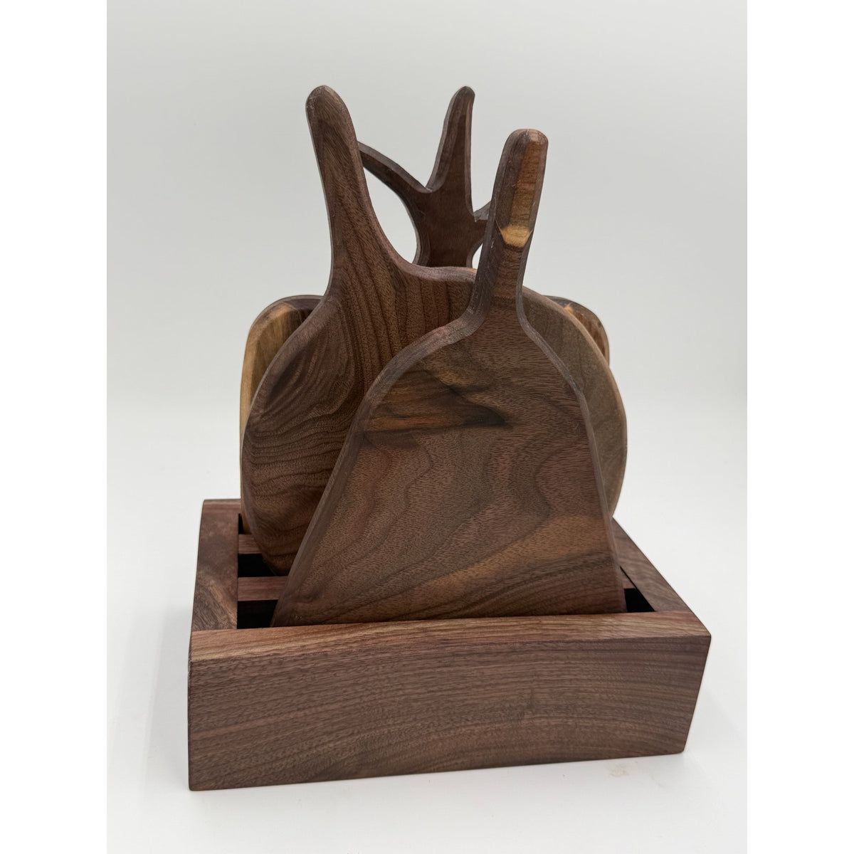 Walnut Charcuterie Board Set with Holder, Handcrafted, Three 8x11 Boards, SKU 1560