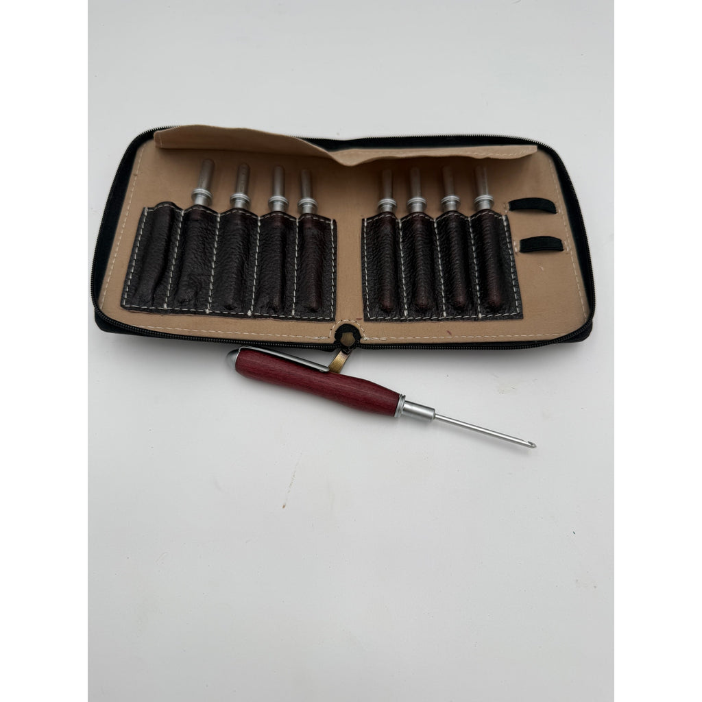 Hand Turned Crochet Hook Set, 9 Sizes, Interchangeable Handle, Leather Case, SKU 1554 1555