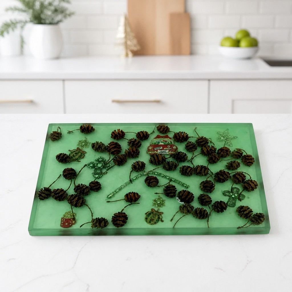 Christmas Theme Charcuterie Board, Green Epoxy, Pine Cone Accents, Handcrafted, 12x8x1.25