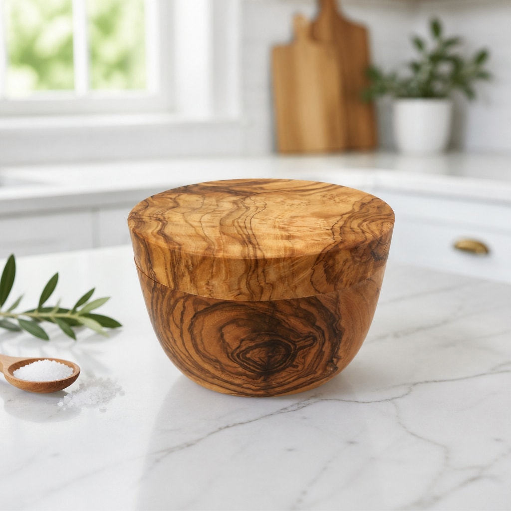 Olivewood Salt Cellar with Swivel Lid, Solid Wood, Hidden Hinge, Magnetic Latch, 4x3 Tall, SKU 1428