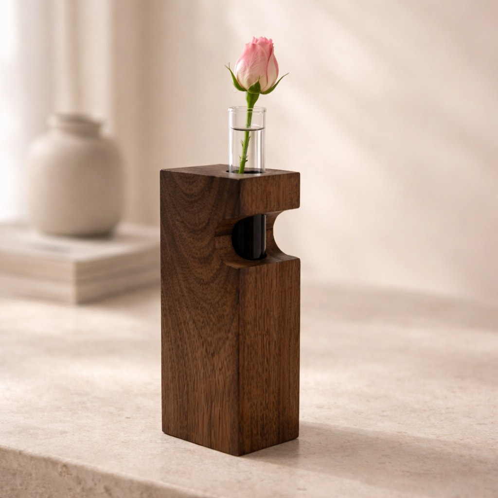 Walnut Propagation Station Block Vase, 2x3x10, contemporary minimal decor, test tube bud vase, functional gift