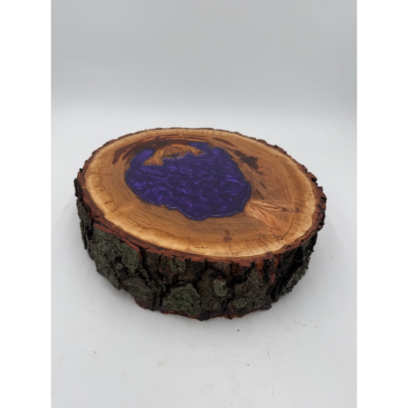 Hollow Cherry Log Charcuterie Board, Purple Epoxy Accents, Natural Bark Edge, 13x12x3, SKU 1416
