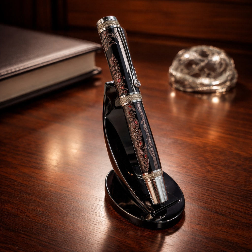One of a Kind Fordite Barrel Rollerball Pen, handmade artisan pen, silver details, refillable ink, professional writing tool