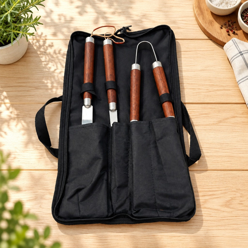 Handcrafted Mahogany BBQ Tools Set, 3 Piece, Carrying Case, Grill Utensils, SKU 1564