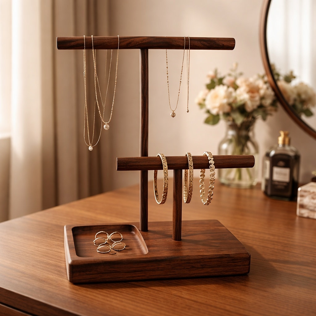 Handcrafted walnut jewelry stand, tiered bars with catchall tray, minimalist organizer