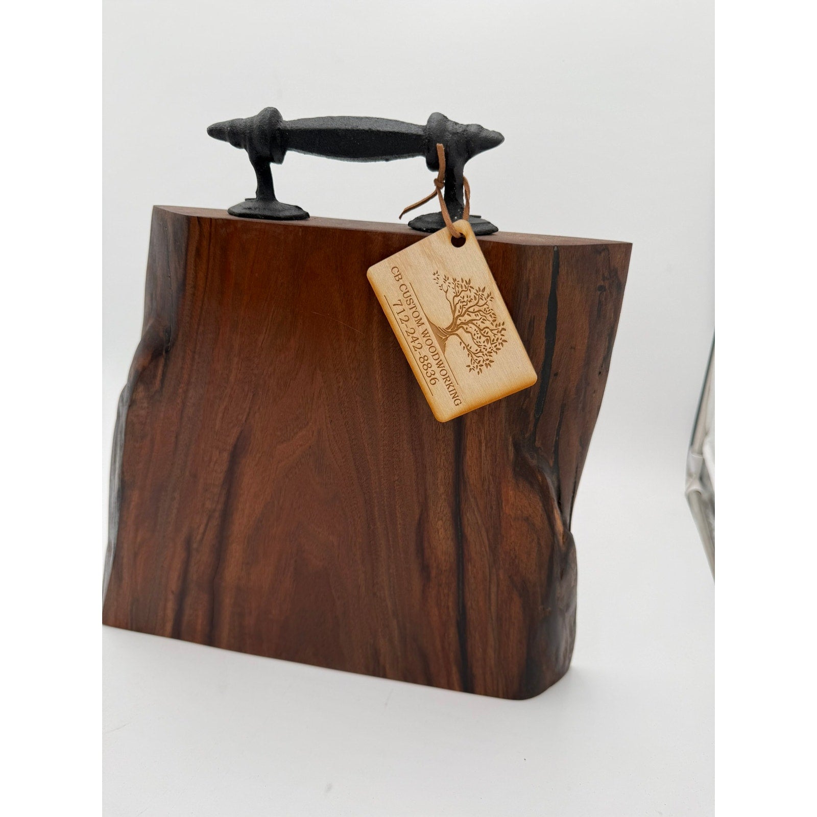 Heirloom Walnut Charcuterie Board with Handle, live edge serving tray, wrought iron handle, 13.75 x 14 x 1.75, thick substantial, functional