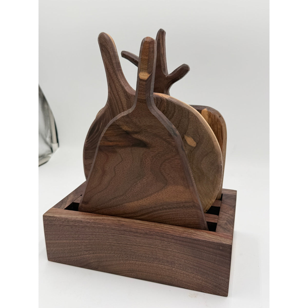 Walnut Charcuterie Board Set with Holder, Handcrafted, Three 8x11 Boards, SKU 1560