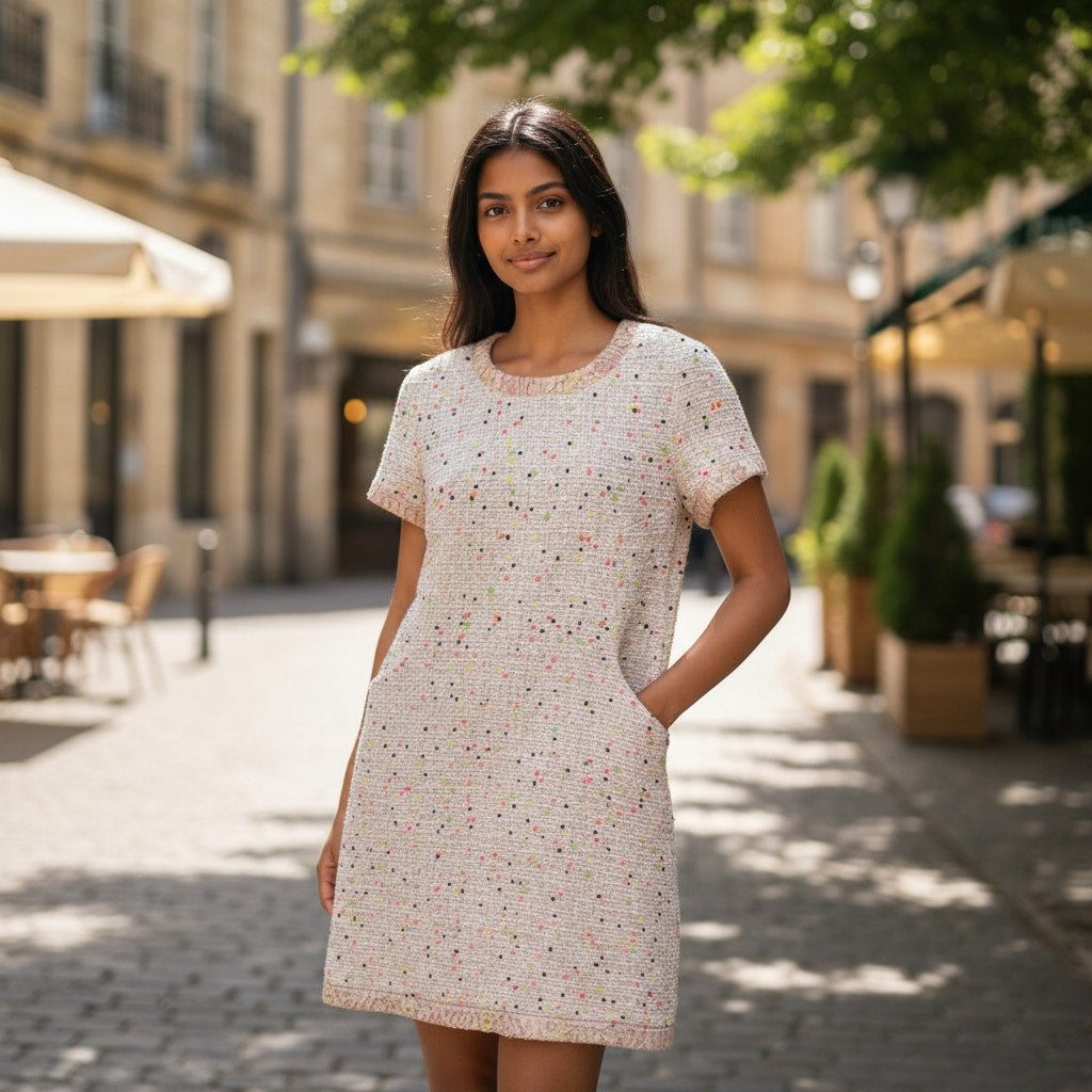 Chanel Tweed Short Sleeve Dress Nude Pink Multicolor Size 42